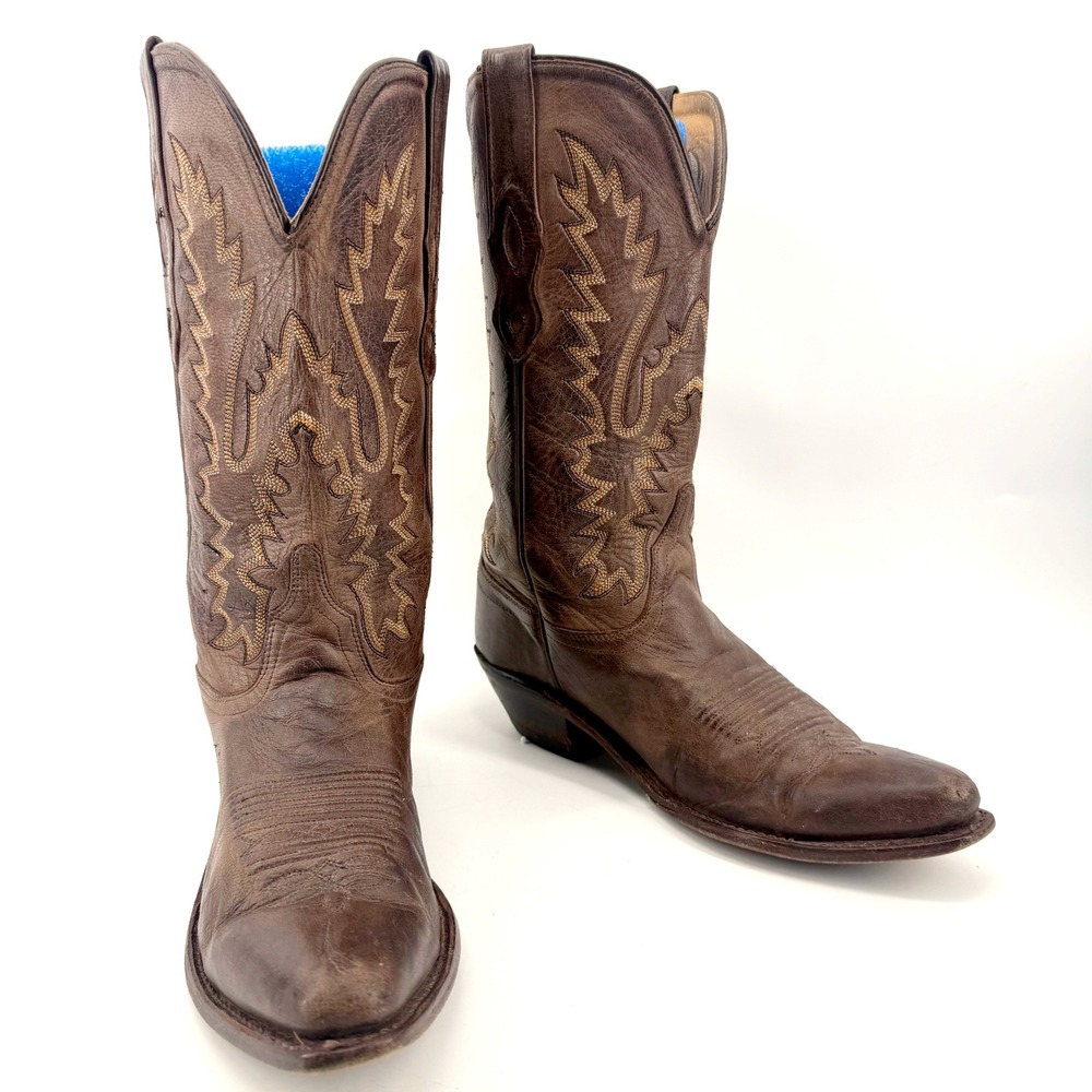 Old West Cowboy Boots Womens 7.5 Brown Leather Pointed Snip Toe Stitching